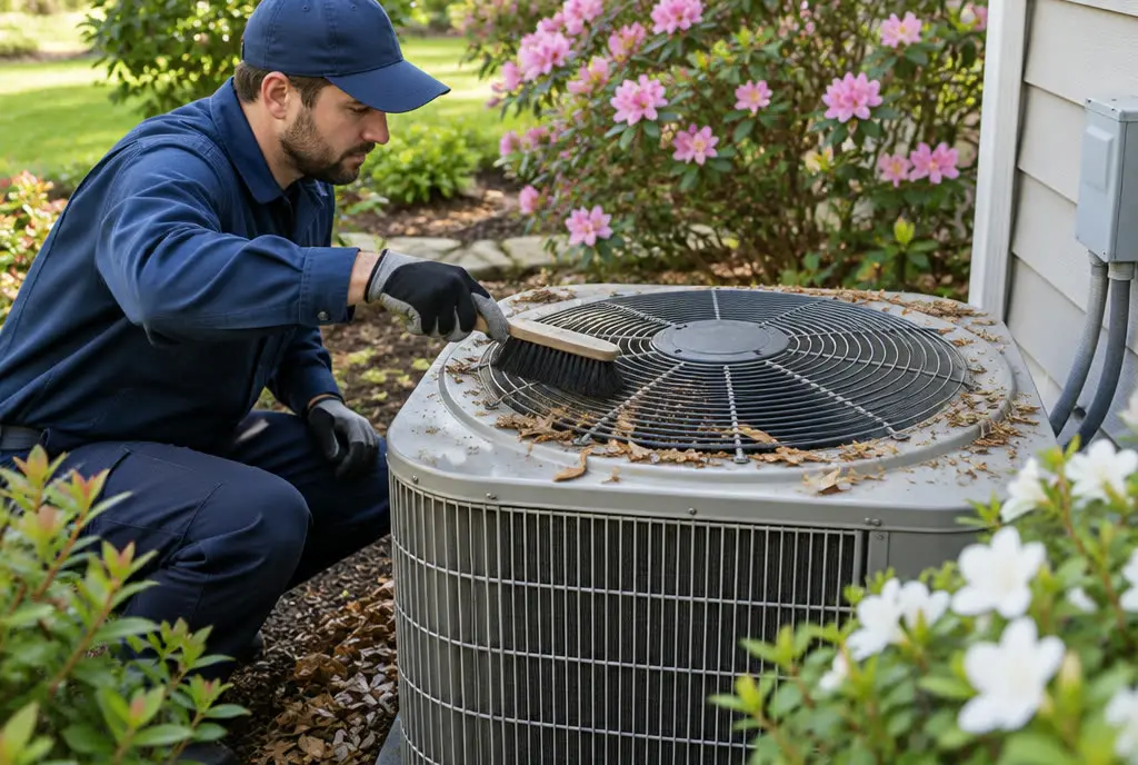 Technician cleaning debris from the top of an outdoor condenser