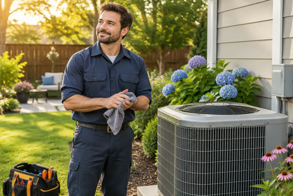 Technician finishing a tune-up beside a serviced outdoor unit