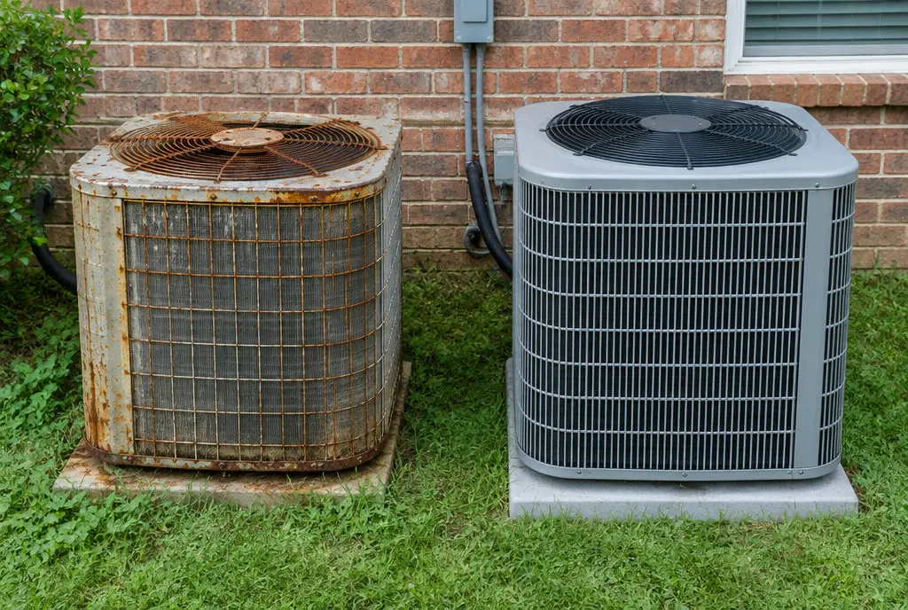 An older worn outdoor condenser beside a new unit