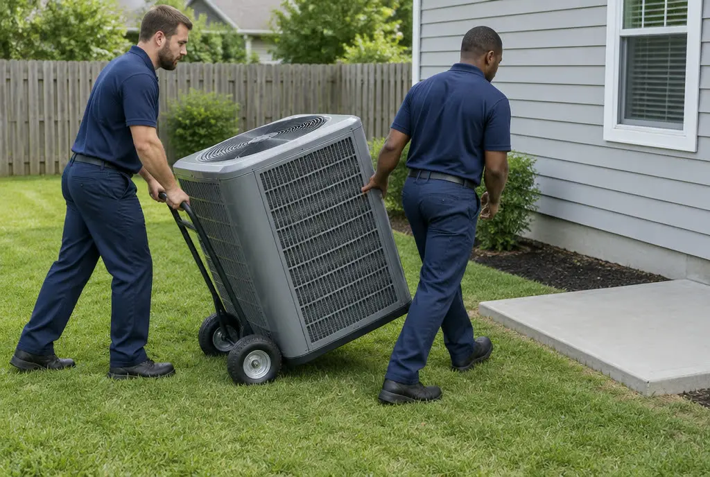Technicians moving a new condenser into position