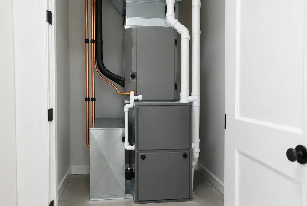 Newly installed indoor furnace and air handler in a utility closet