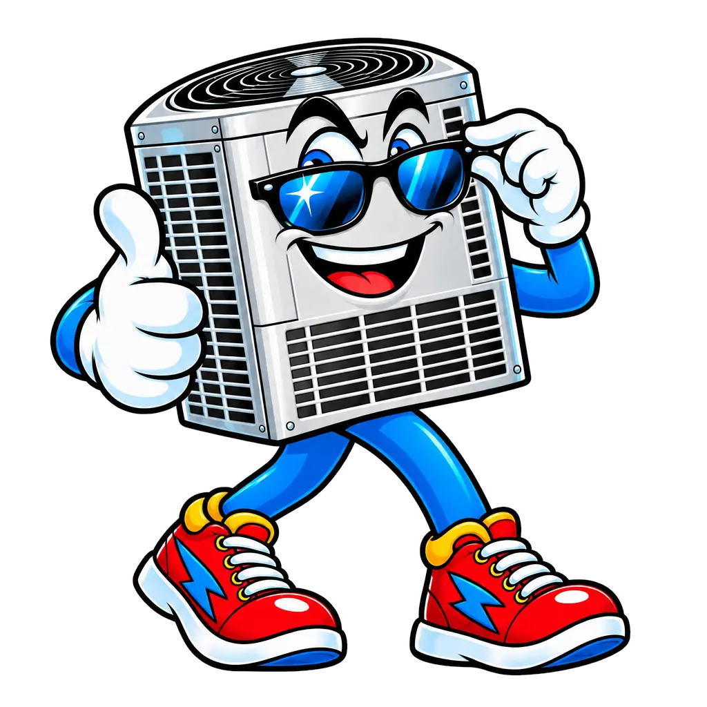 Zippy, The AC Guys’ air-conditioner mascot, wearing sunglasses and giving a thumbs-up