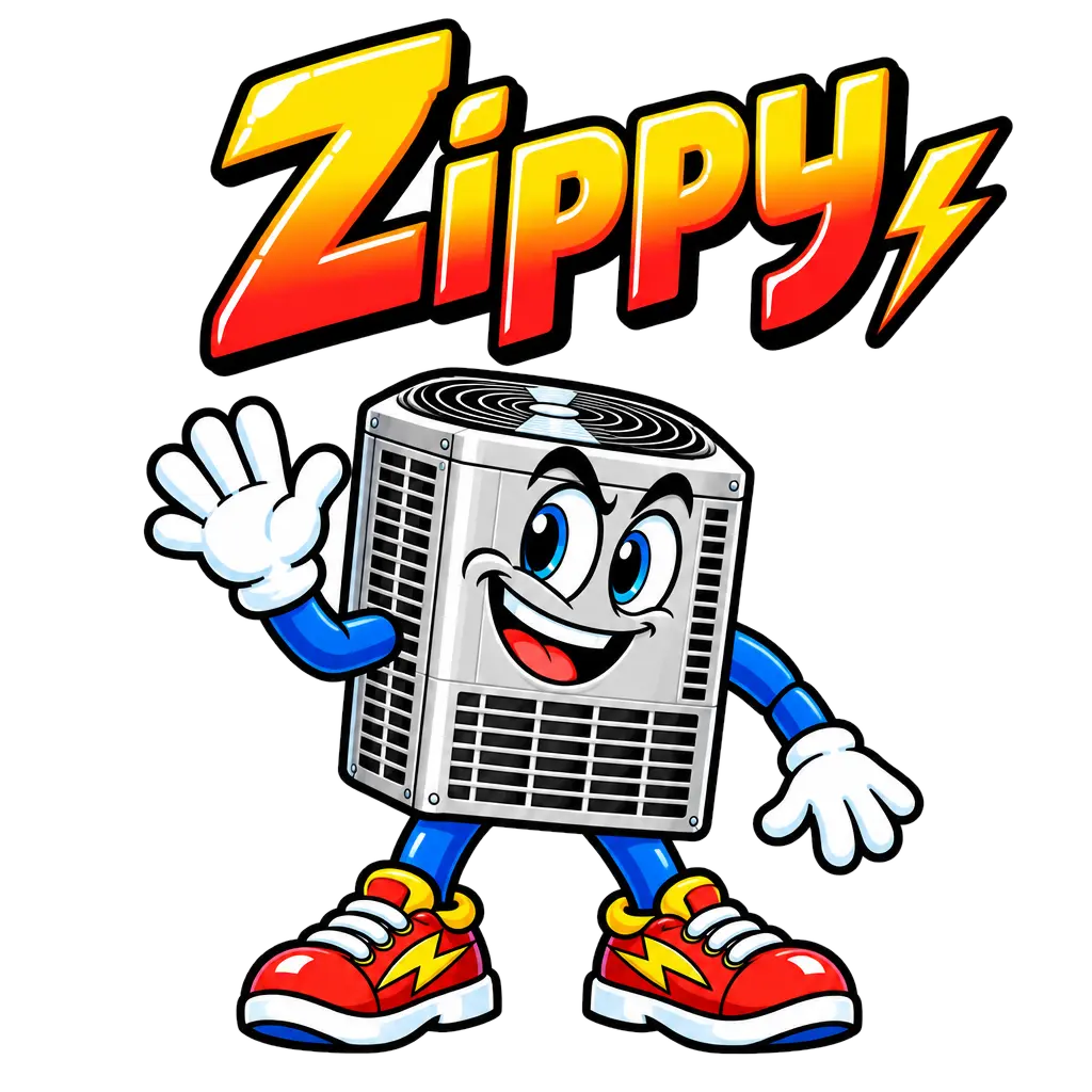 Pixel-art Zippy, The AC Guys’ air-conditioner mascot, waving hello