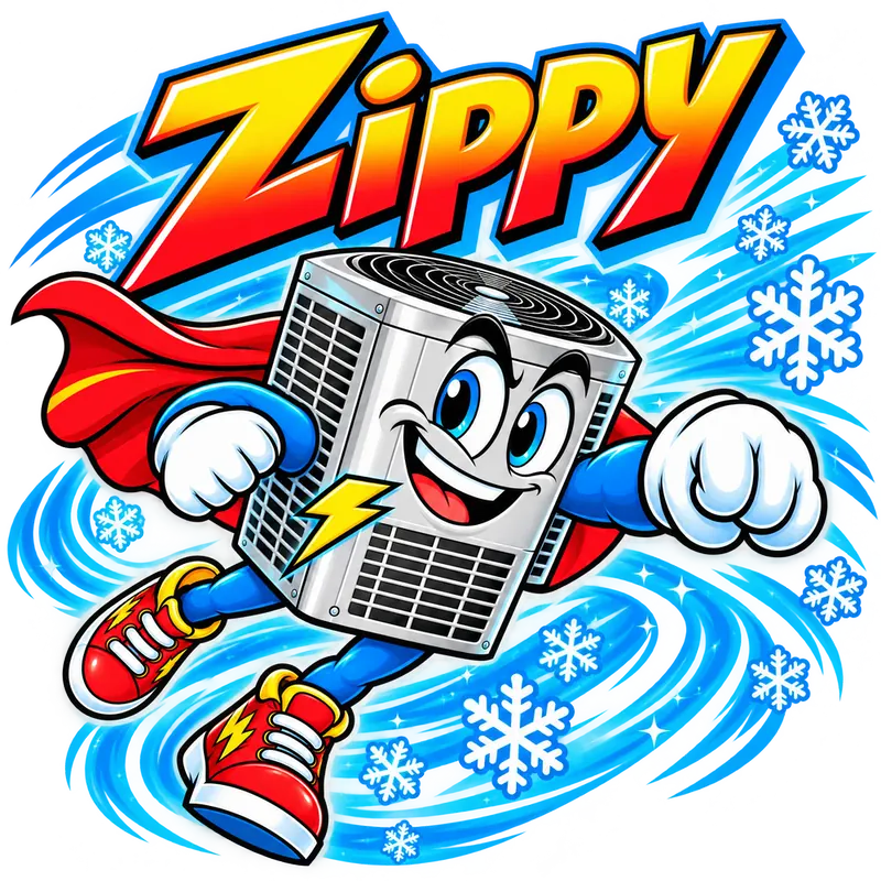 Zippy, The AC Guys’ air-conditioner mascot, flying like a cooling superhero among snowflakes
