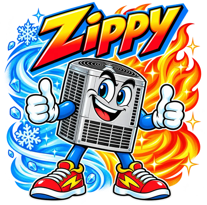 Zippy, The AC Guys’ air-conditioner mascot, between ice and flames with both thumbs up
