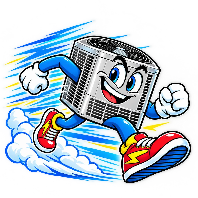 Zippy, The AC Guys’ air-conditioner mascot, sprinting in red sneakers