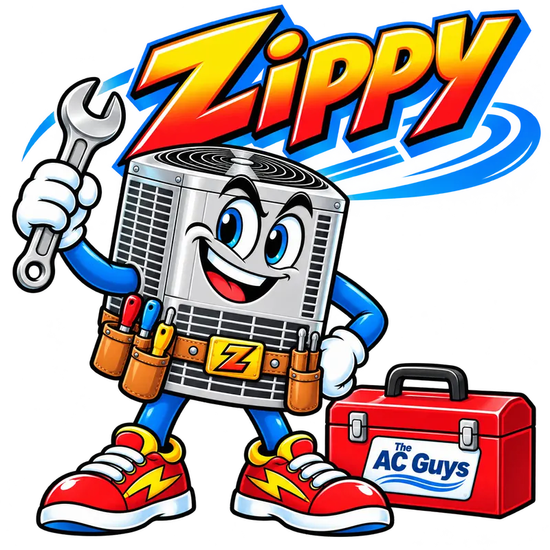 Zippy, The AC Guys’ air-conditioner mascot, holding a wrench, with a tool belt and a red toolbox