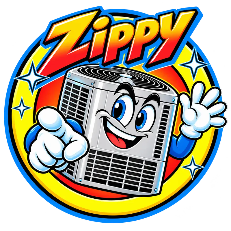 Zippy, The AC Guys’ air-conditioner mascot, pointing at you inside a round badge