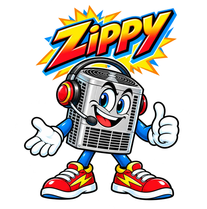 Zippy, The AC Guys’ air-conditioner mascot, wearing a customer-service headset and giving a thumbs-up