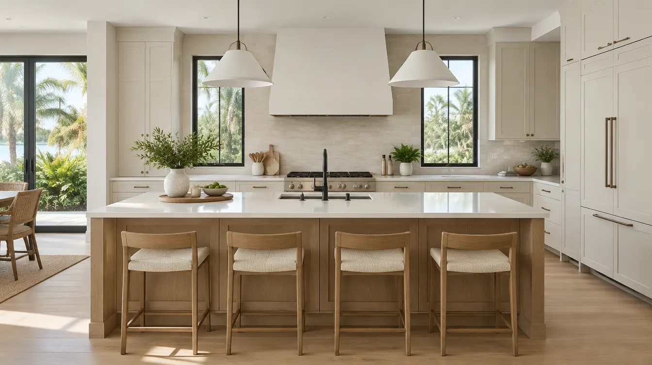 Bright remodeled kitchen with white oak cabinetry and stone island