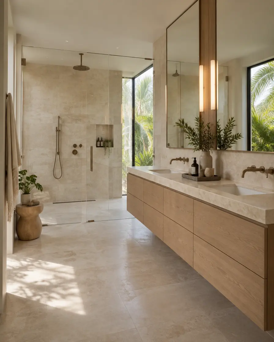 Spa-style bathroom with walk-in shower and floating oak vanity