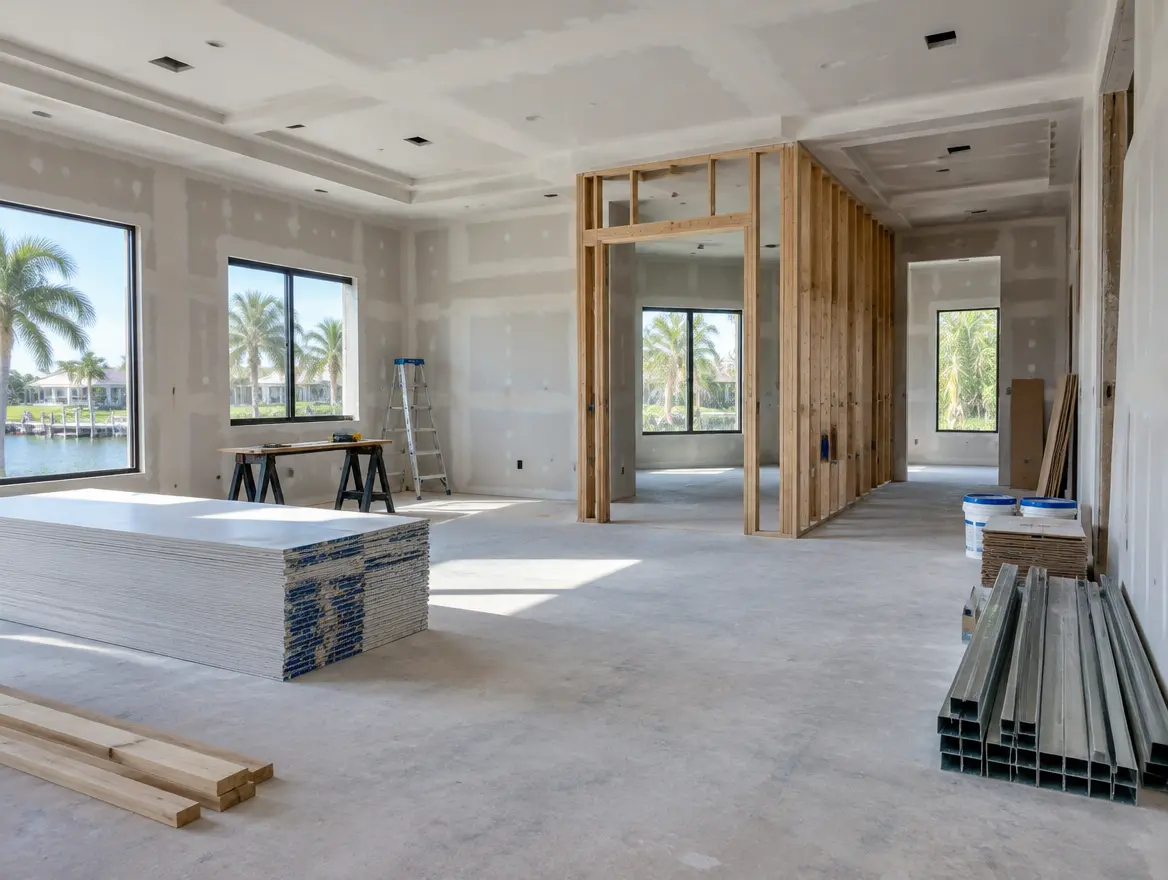 Clean residential renovation in progress with new framing