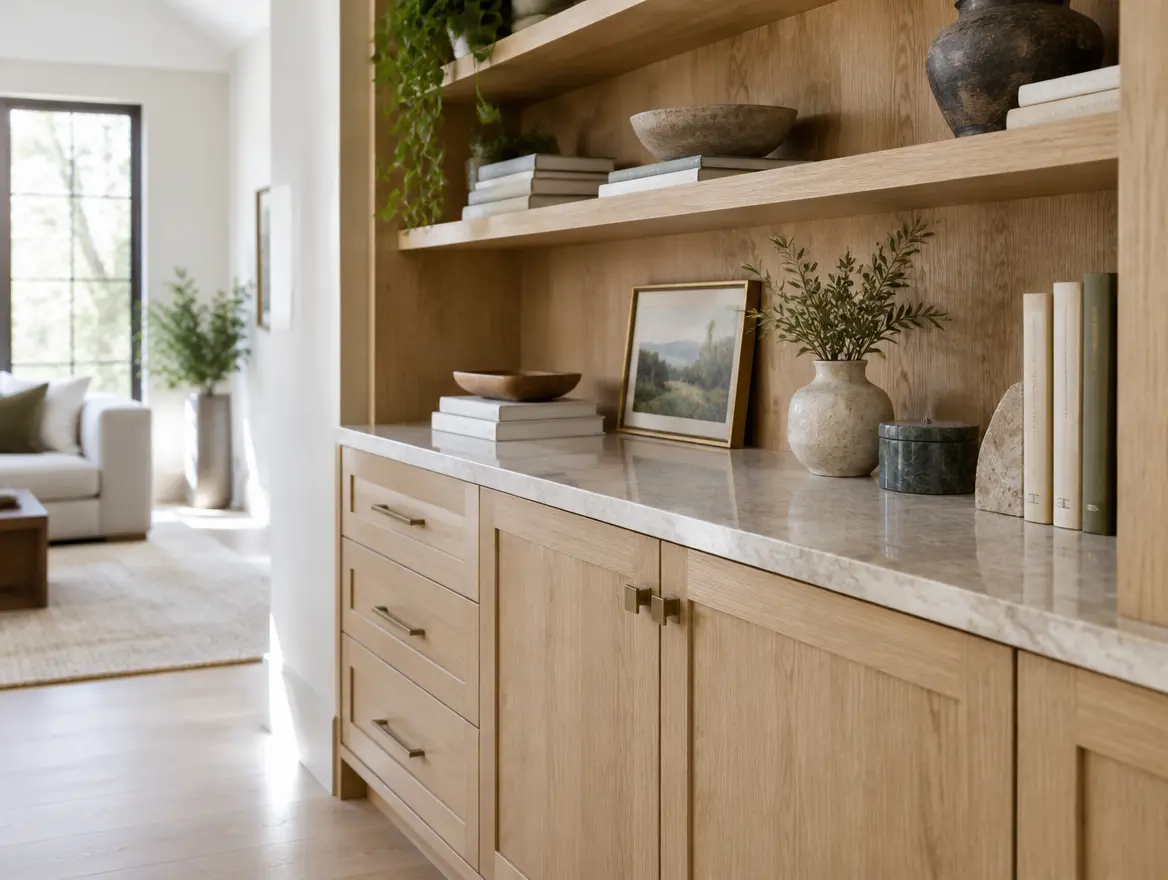 Concept: custom oak cabinetry and open shelving