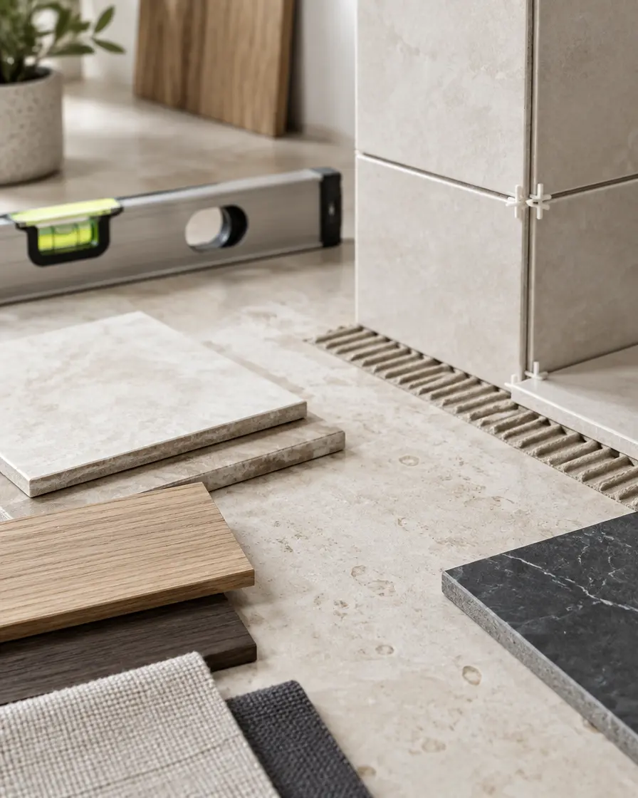 Tile, wood and fabric material samples with a level on a stone counter