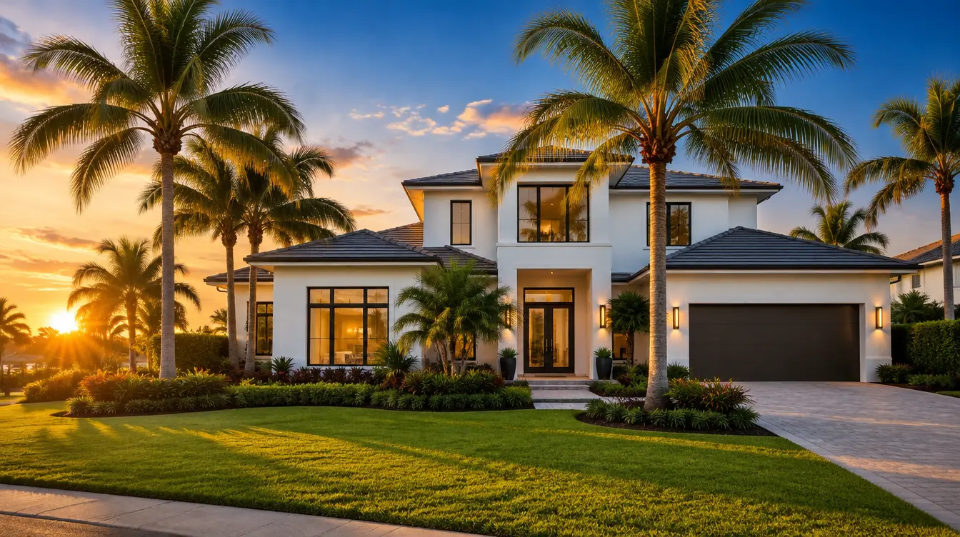 South Florida home exterior at sunset