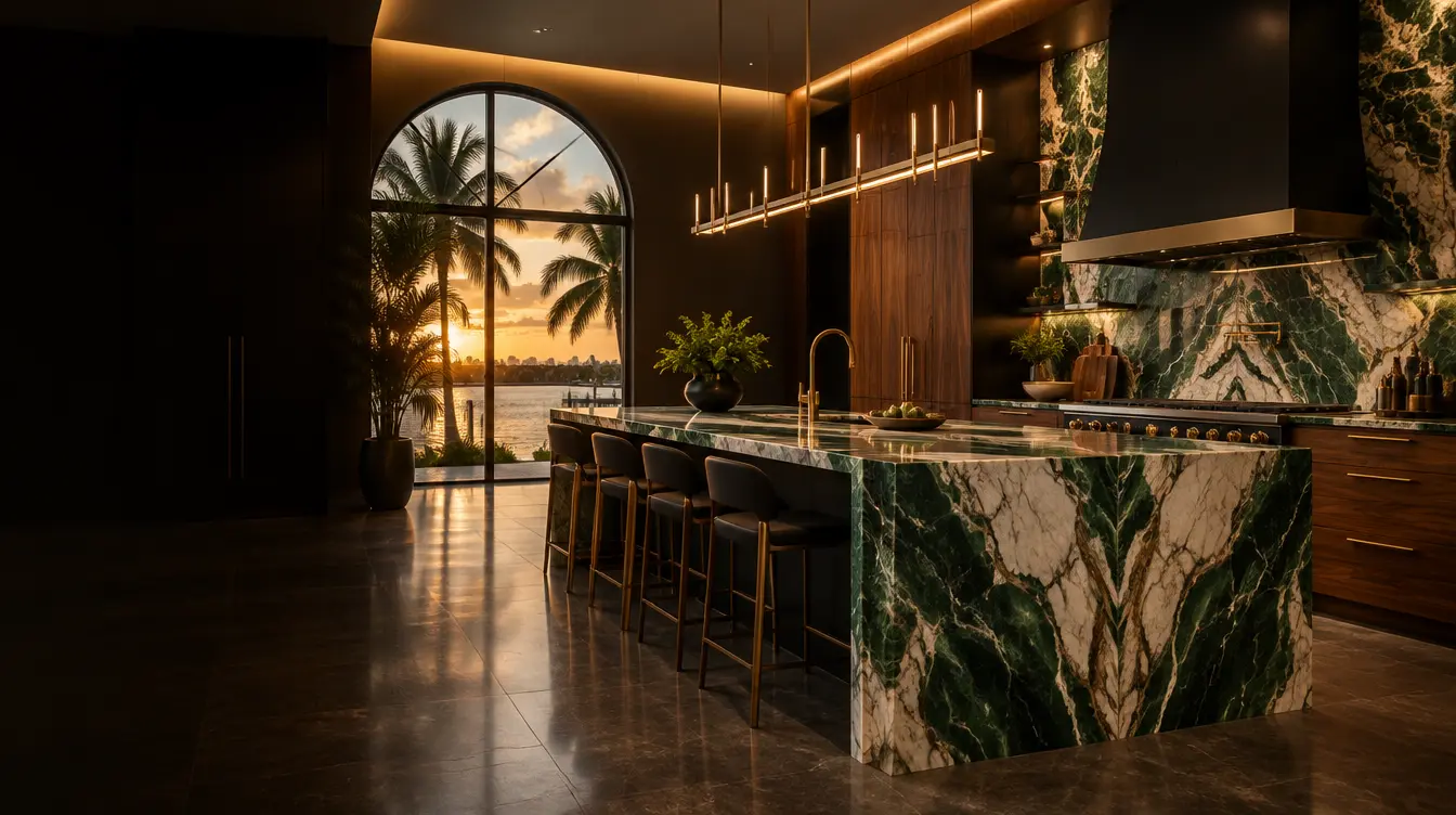 Luxury kitchen with walnut cabinetry and emerald marble island at sunset