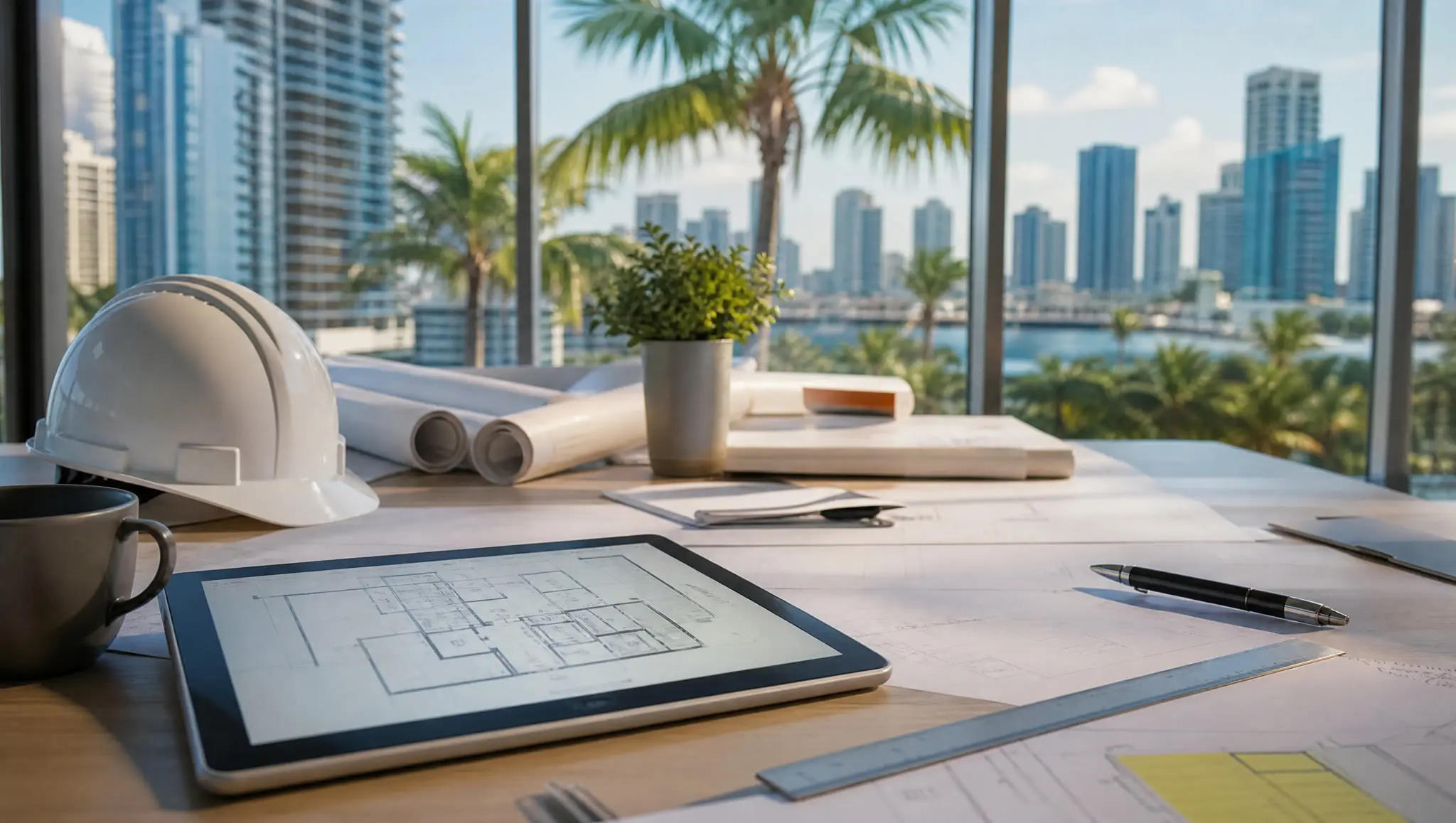 Architectural drawings, hard hat and tablet on a conference table overlooking the South Florida skyline