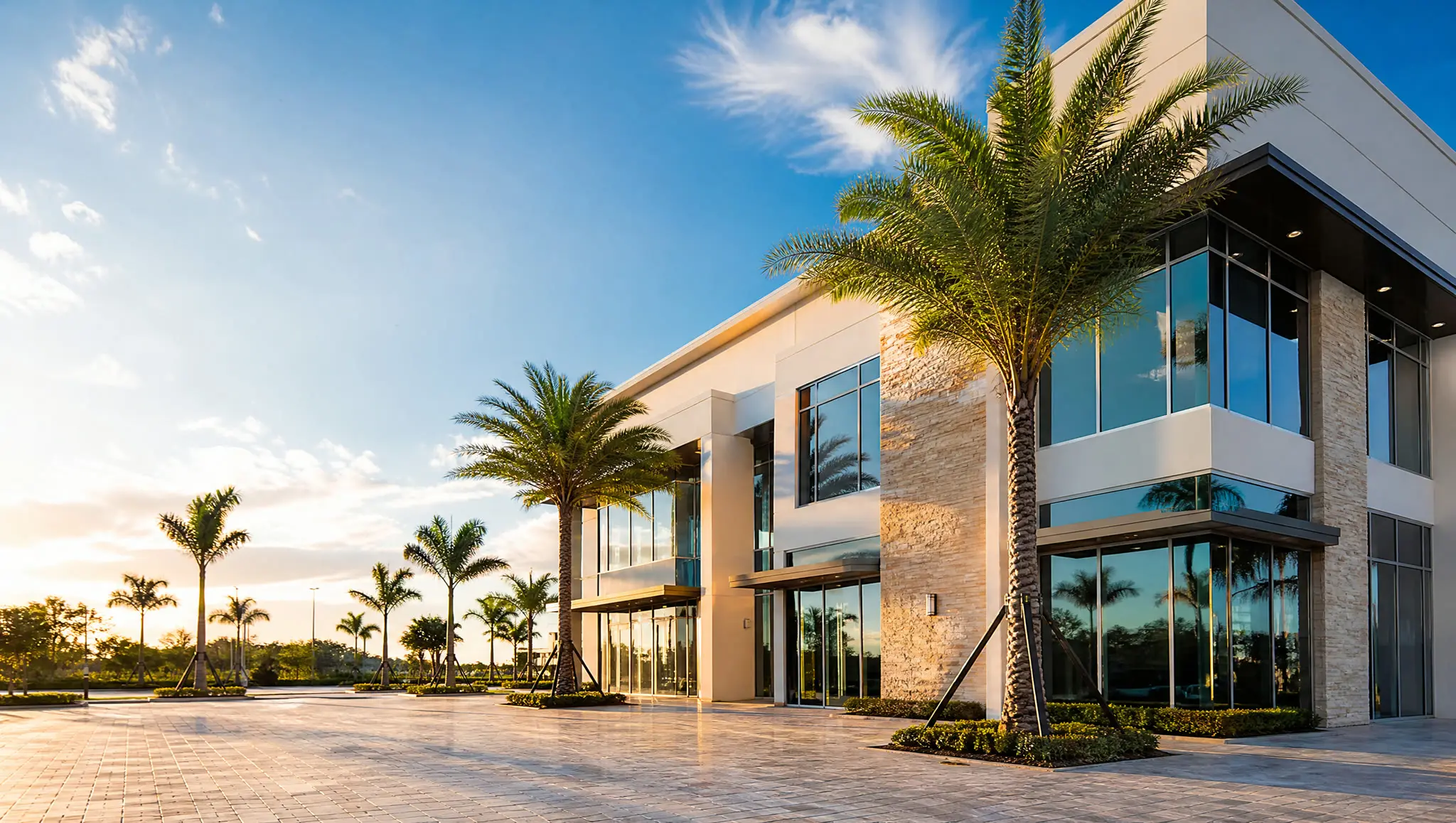 Modern South Florida commercial building at golden hour