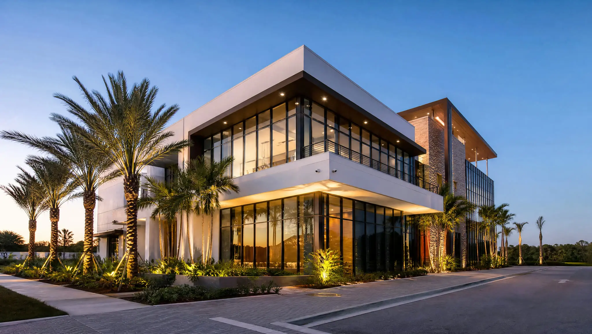 New mixed-use commercial building at dusk with palm trees