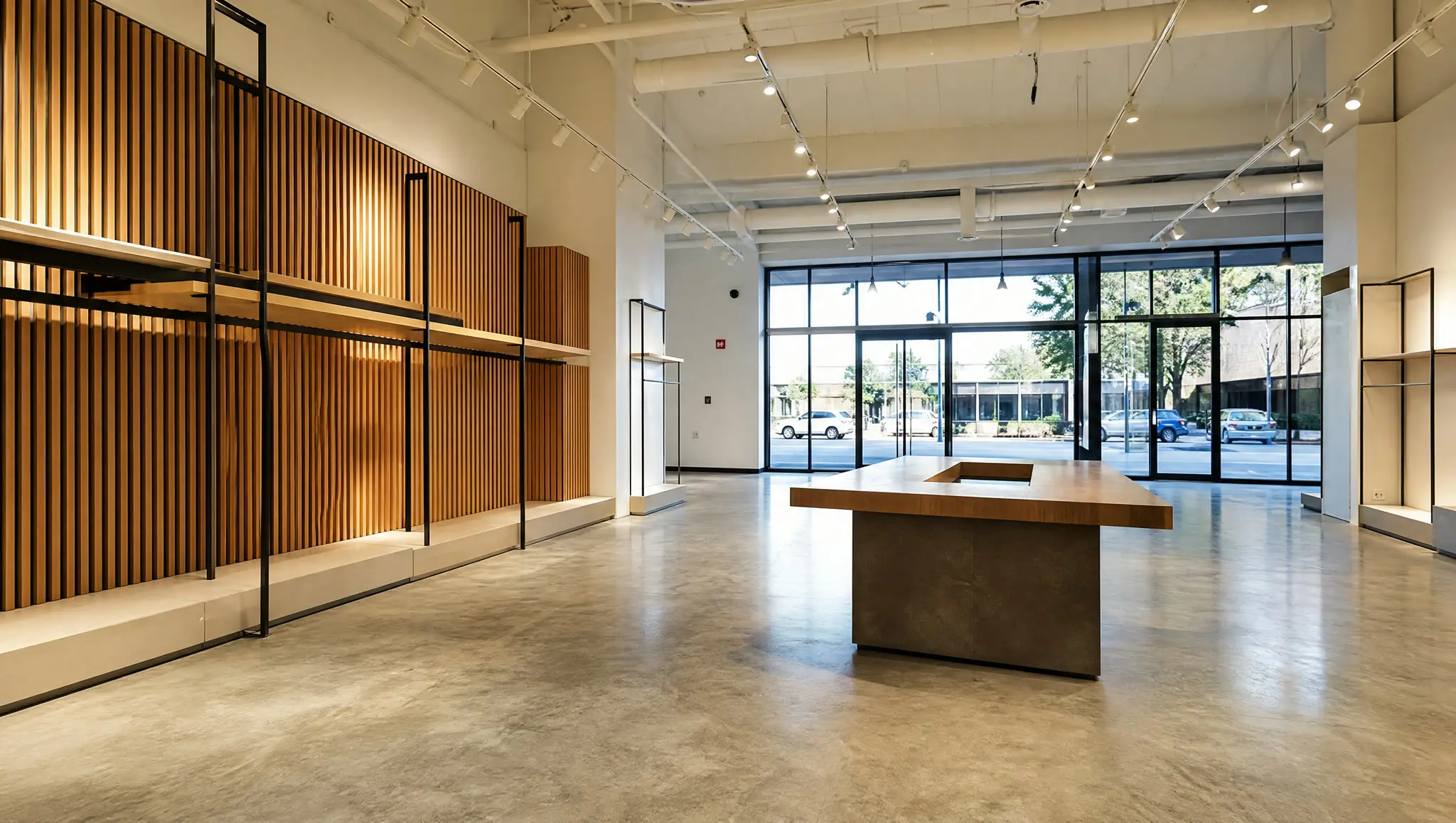 Finished retail store build-out with wood slat wall and polished concrete floor