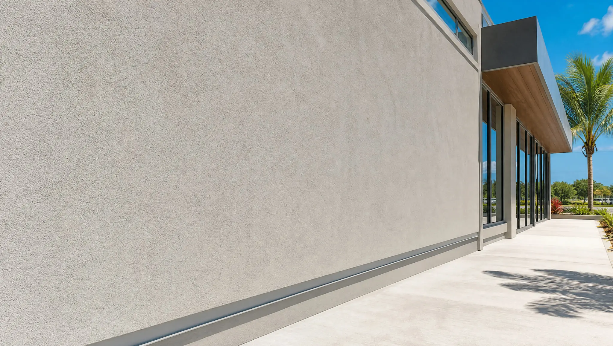 Fresh stucco wall and concrete walkway on a commercial building