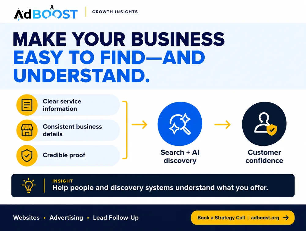 Infographic: clear service information, consistent details and credible proof feed search and AI discovery and customer confidence