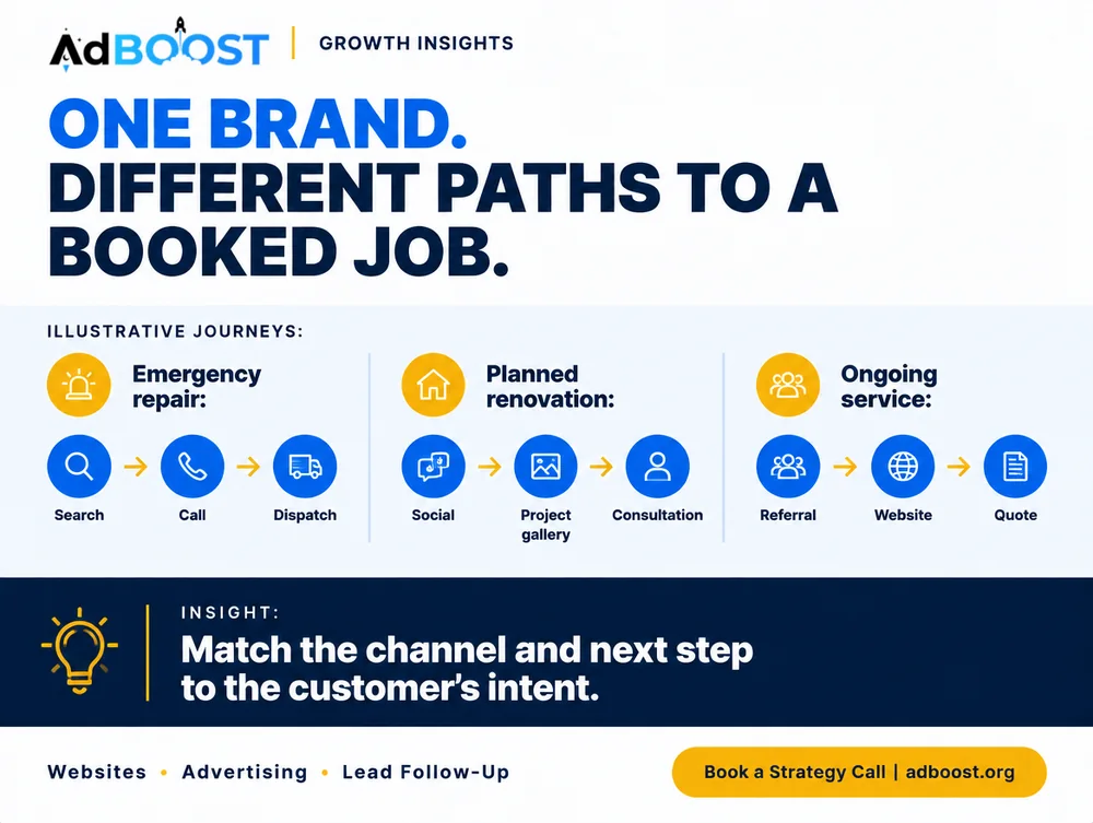 Infographic: emergency repair, planned renovation and ongoing service each follow a different path to a booked job