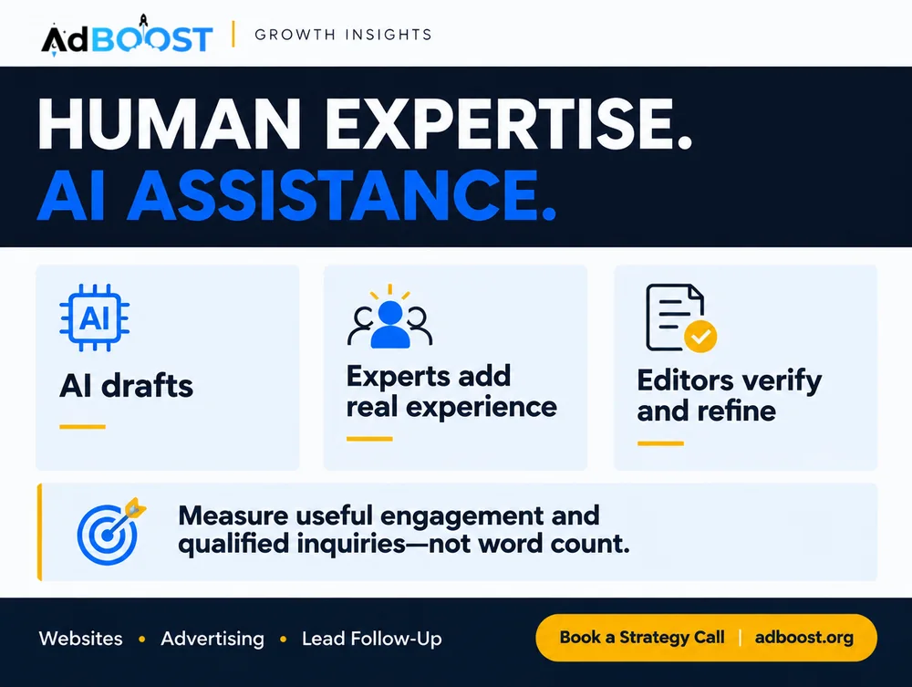 Infographic: human expertise plus AI assistance - AI drafts, experts add real experience, editors verify and refine