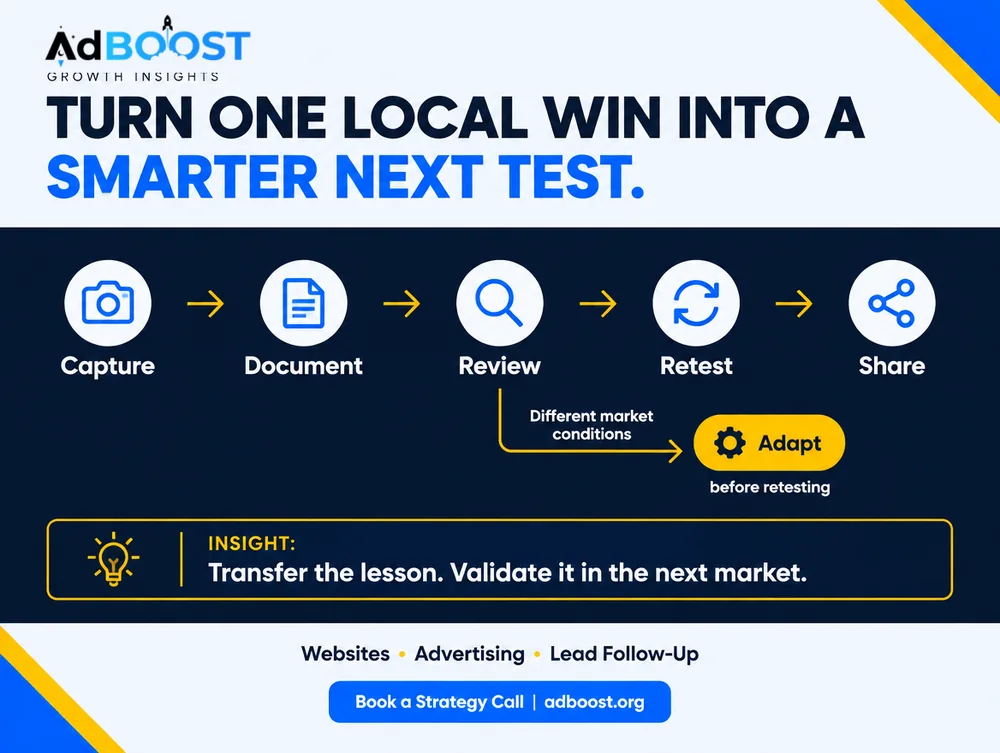 Infographic: capture, document, review, retest and share a local win, adapting it for different market conditions